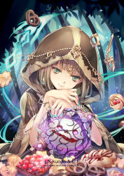 Rule 34 | 1girl, aqua eyes, artist name, birdcage, bracelet, brown hair, cage, chain, cloak, food, gold chain, gold trim, gretel (sinoalice), hansel (sinoalice), highres, hood, hood up, hooded cloak, jewelry, ln, looking at viewer, male focus, nail polish, own hands together, pastry, sinoalice, smile