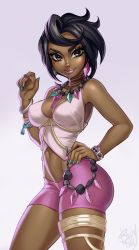 Rule 34 | 1girl, ass, black hair, blushyspicy, bracelet, breasts, cleavage, closed mouth, collar, creatures (company), crop top, dark-skinned female, dark skin, earrings, female focus, game freak, grey eyes, hand on own hip, highres, jewelry, lips, looking at viewer, medium breasts, midriff, nail polish, navel, nintendo, olivia (pokemon), pink shorts, pokemon, pokemon sm, short hair, shorts, sleeveless, smile, solo, standing, white background