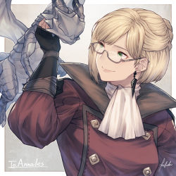 Rule 34 | 1girl, blonde hair, coat, collared jacket, commission, earrings, final fantasy, final fantasy xiv, fingerless gloves, glasses, gloves, green eyes, happy, highres, ivris, jacket, jewelry, midgardsormr (final fantasy), neck stitches, red coat, scarf, semi-rimless eyewear, signature, skeb commission, smile, stitched neck, stitches, upper body, warrior of light (ff14)