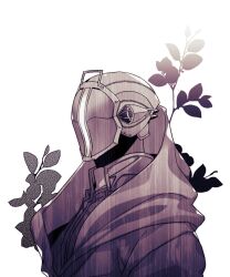 Rule 34 | 1boy, bondrewd, facing to the side, from above, greyscale, helmet, highres, made in abyss, male focus, mask, masked, masked male, monochrome, plant, simple background, solo, spes 2323, upper body, white background