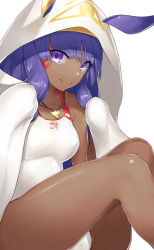 Rule 34 | 1girl, animal ears, bad id, bad pixiv id, breasts, competition swimsuit, dabuki, dark-skinned female, dark skin, facial mark, fate/grand order, fate (series), highres, looking at viewer, medium breasts, necktie, nitocris (fate), nitocris (fate/grand order), nitocris (swimsuit assassin) (fate), nitocris (swimsuit assassin) (second ascension) (fate), one-piece swimsuit, purple eyes, purple hair, rabbit ears, smile, solo, swimsuit, thighs, white background