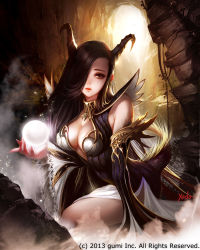 Rule 34 | 1girl, black eyes, black hair, breasts, cave, cleavage cutout, clothing cutout, detached sleeves, expressionless, female focus, hair over one eye, highres, horns, long hair, looking at viewer, maboroshi juuhime, magic, plant, solo, tail, tree, wide sleeves, yoda (ayanamikodon)