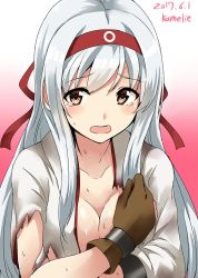 Rule 34 | 10s, 1girl, brown eyes, collarbone, dated, gloves, gradient background, headband, highres, japanese clothes, kamelie, kantai collection, long hair, open mouth, partially fingerless gloves, partly fingerless gloves, pink background, shoukaku (kancolle), solo, tears, torn clothes, twitter username, white hair, yugake