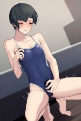 Rule 34 | 1boy, androgynous, armpit crease, asymmetrical hair, bare legs, barefoot, black hair, blue one-piece swimsuit, blue school swimsuit, blurry, blurry background, closed eyes, collarbone, commentary request, competition school swimsuit, crossdressing, cum, ejaculation, ejaculation under clothes, eyelashes, full body, hand up, head tilt, highleg, highleg swimsuit, indoors, male focus, male masturbation, masturbation, masturbation through clothes, morimiya (kuroro), one-piece swimsuit, parted lips, protagonist (smtv), school swimsuit, shin megami tensei, shin megami tensei v, short hair, skin tight, solo, squatting, swimsuit, thighs, toes, trembling