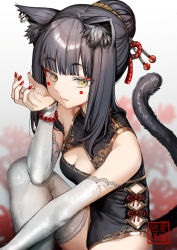 Rule 34 | 1girl, animal ear fluff, animal ears, atagumo yuba, bad id, bad pixiv id, bare shoulders, bead bracelet, beads, blurry, blurry background, bracelet, bread, breasts, cat ears, cat girl, cat tail, chinese clothes, cleavage, cleavage cutout, clothing cutout, earrings, eyes visible through hair, eyeshadow, facial mark, fingernails, flower, food, grey hair, hair bun, highres, jewelry, makeup, medium breasts, nail polish, original, red eyeshadow, red flower, red nails, red pupils, single hair bun, sitting, solo, spider lily, tail, thighhighs, white thighhighs, yellow eyes