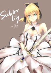 Rule 34 | 10s, 1girl, 2015, absurdres, ahoge, aka (hwdllht), artist name, artoria pendragon (fate), blonde hair, breasts, caliburn (fate), character name, cleavage, dated, detached sleeves, dress, fate/stay night, fate/unlimited codes, fate (series), gloves, green eyes, highres, medium breasts, saber (fate), saber lily, smile, solo, sword, weapon