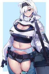 Rule 34 | 1girl, absurdres, animal ears, aqua eyes, arknights, aurora (arknights), black gloves, blue background, breasts, cleavage, closed mouth, cowboy shot, fei er, gloves, highres, jacket, large breasts, long sleeves, micro shorts, navel, short hair, shorts, simple background, skindentation, smile, solo, white hair, white jacket