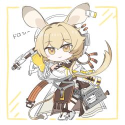 Rule 34 | 1girl, :&gt;, animal ears, arknights, blonde hair, border, breasts, briefcase, brown skirt, character name, chibi, cleavage, coat, commentary, dorothy (arknights), ear tag, gloves, hand up, hat, holding, holding briefcase, long hair, looking at viewer, medium breasts, mouse ears, mouse girl, mouse tail, ponytail, pouch, robot, shirt, simple background, skirt, smile, solo, tail, thigh strap, waving, white background, white coat, white footwear, white hat, white shirt, yatagae (yatuno llc), yellow eyes, yellow gloves