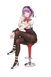 Rule 34 | 10s, 1girl, :3, absurdres, bad id, bad pixiv id, black flower, black pantyhose, black rose, black skirt, blue eyes, bow, bowtie, breasts, closed mouth, crossed legs, dagashi kashi, earrings, eyebrows, flower, frilled sleeves, frills, full body, hair flower, hair ornament, hairband, head rest, high-waist skirt, high heels, highres, jewelry, large breasts, legs, licking lips, looking at viewer, md5 mismatch, nail polish, pantyhose, purple hair, red bow, red bowtie, red nails, ribbon, ringed eyes, rose, shidare hotaru, shirt, shoes, short hair, sidelocks, simple background, sitting, skirt, solo, stool, stud earrings, suspender skirt, suspenders, thighband pantyhose, thighs, tongue, tongue out, white footwear, white shirt, wrist cuffs, zhano kun