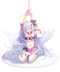 Rule 34 | 1boy, 1girl, absurdres, angel wings, armpits, azusa (blue archive), azusa (swimsuit) (blue archive), bikini, blue archive, blue footwear, blush, chain, chinese commentary, closed eyes, cuffs, doodle sensei (blue archive), feathered wings, flower, frilled bikini, frills, grey hair, hair between eyes, hair flower, hair ornament, halo, handcuffs, highres, long hair, navel, official alternate costume, okazakileo, open mouth, pink bikini, purple bikini, purple flower, restrained, roller skates, sensei (blue archive), simple background, sitting, skates, smile, swimsuit, wariza, white background, white wings, wings, yellow halo