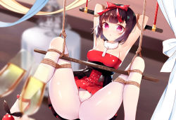 Rule 34 | 1girl, alcohol, armpits, arms behind head, arms up, bdsm, black hair, blurry, blurry background, blush, bondage, bound, bow, breasts, cameltoe, champagne, champagne glass, chinese text, cup, dated, dress, drink, drinking glass, female focus, fur trim, girls&#039; frontline, hair bow, indoors, looking at viewer, m99 (girls&#039; frontline), medium breasts, open mouth, pantyhose, pink eyes, pleated dress, red bow, red dress, red footwear, rope, shiny skin, shoes, short hair, solo, spreader bar, strapless, strapless dress, suspension, translation request, white pantyhose, zhao (pixiv12947327)