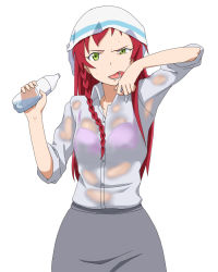 Rule 34 | 1girl, bottle, bra, braid, breasts, eyebrows, female focus, fingernails, green eyes, hands up, hataraku maou-sama!, long hair, looking at viewer, open mouth, pencil skirt, red hair, see-through, side braid, simple background, skirt, sleeves rolled up, solo, standing, sweat, teeth, tongue, towel, towel on head, underwear, uneven eyes, upper body, water bottle, wet, wet clothes, white background, wing collar, yoshida keiji, yusa emi