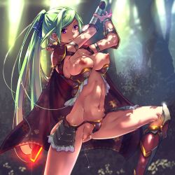 Rule 34 | 1girl, armor, bad id, bad pixiv id, bikini armor, boots, bracer, breasts, breasts out, cape, clitoris, dappled sunlight, earrings, female focus, forest, functionally nude, green hair, highres, jewelry, large breasts, long hair, looking at viewer, midriff, nature, navel, nipples, original, outdoors, ponytail, purple eyes, pussy, pussy juice, pussy juice trail, revealing clothes, smile, solo, sunlight, sword, tree, uncensored, very long hair, warrior, weapon, wedgie, yamada (gotyui)