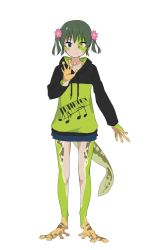 Rule 34 | 1girl, ari hinoko, barefoot, blue eyes, closed mouth, colored skin, commentary request, flower, frog girl, full body, green hair, hair flower, hair ornament, hand up, heterochromia, highres, hood, hoodie, looking at viewer, mismatched pupils, monster girl, multicolored skin, musical note, original, simple background, solo, striped, tail, twintails, waving, white background, yellow eyes