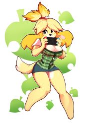 Rule 34 | 1girl, :3, animal crossing, animal ears, barefoot, bell, blonde hair, blue skirt, blush stickers, breasts, brown eyes, cleavage, dog ears, dog girl, dog tail, female focus, full body, furry, furry female, game console, green panties, green vest, hair bell, hair ornament, hair tie, hands up, highres, holding, isabelle (animal crossing), jingle bell, large breasts, miniskirt, nintendo, nintendo switch, outline, panties, pantyshot, pencil skirt, rainbowscreen, shirt, short hair, short sleeves, skirt, smile, solo, standing, striped clothes, striped panties, tail, topknot, underwear, upskirt, vest, white background, white outline, white shirt
