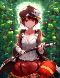 Rule 34 | 1girl, backlighting, breasts, brown hair, brown hat, brown jacket, cleavage, closed mouth, collarbone, cowboy shot, dappled sunlight, day, flail, flower knight girl, food, fruit, hat, holding, holding weapon, jacket, jewelry, kokotetsu, lantern, leaf, long sleeves, looking at viewer, necklace, open clothes, open jacket, orange eyes, outdoors, plant, red skirt, shade, shirt, short hair, skirt, smile, solo, standing, sunlight, ukitsuriboku (flower knight girl), weapon, white shirt