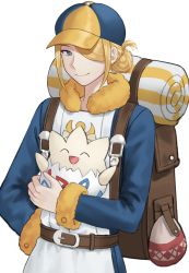 Rule 34 | 1boy, absurdres, backpack, bag, belt, blonde hair, brown bag, brown belt, closed mouth, commentary, creatures (company), dalmo (pafe2444), fur trim, game freak, gen 2 pokemon, grey eyes, hair bun, hair over one eye, hat, highres, holding, holding pokemon, long sleeves, looking at viewer, male focus, nintendo, pokemon, pokemon (creature), pokemon legends: arceus, short hair, simple background, single hair bun, smile, togepi, volo (pokemon), white background, yellow headwear