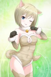 Rule 34 | 1girl, alternative girls, animal ears, animal print, bare shoulders, bell, blonde hair, blue eyes, blush, breasts, cat ears, cat tail, cleavage, collar, collarbone, covered navel, cowboy shot, elbow gloves, fur-trimmed gloves, fur-trimmed leotard, fur collar, fur trim, gloves, green background, jingle bell, looking at viewer, medium breasts, neck bell, official art, one eye closed, pale skin, print gloves, print legwear, print leotard, simple background, smile, sylvia richter, tail, thighhighs, tongue, tongue out