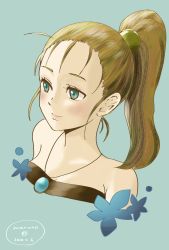 Rule 34 | 1girl, bare shoulders, blonde hair, blue eyes, blush, chrono trigger, closed mouth, dated, highres, jewelry, long hair, marle (chrono trigger), maruno, necklace, ponytail, simple background, smile, solo