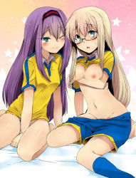 2girls aqua_eyes bad_id bad_pixiv_id blonde_hair blush bottomless breasts breasts_out clothes_lift clothes_pull female_focus glasses green_eyes hairband inazuma_eleven inazuma_eleven_(series) inazuma_eleven_go inazuma_eleven_go_chrono_stone jeanne_d&#039;arc_(inazuma_eleven) long_hair looking_at_viewer marimo_danshaku meia multiple_girls navel nipples one_eye_closed open_mouth purple_hair raimon raimon_soccer_uniform shirt_lift shorts shorts_pull sitting smile soccer_uniform sportswear sweat wink