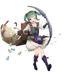 Rule 34 | 1girl, arrow (projectile), boots, bow (weapon), broken arrow, dress, fire emblem, fire emblem fates, fire emblem heroes, full body, green hair, highres, holding, holding bow (weapon), holding weapon, japanese clothes, long hair, long sleeves, midori (fire emblem), mikurou (nayuta), nintendo, official art, one eye closed, open mouth, purple eyes, solo, torn clothes, transparent background, twintails, weapon