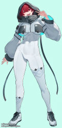 Rule 34 | 1girl, absurdres, blue background, bodysuit, breasts, covered navel, cropped jacket, fanbox username, full body, glowing, gluteal fold, hair between eyes, hand up, highres, hood, hood up, hooded jacket, impossible bodysuit, impossible clothes, jacket, jjune, large breasts, legs apart, long hair, long sleeves, looking at viewer, open mouth, original, patreon username, puffy sleeves, red eyes, red hair, shoes, simple background, smile, sneakers, solo, standing, teeth, thighs, tongue, upper teeth only, w, white bodysuit, white footwear, zipper pull tab