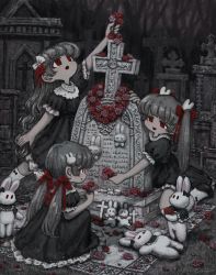 Rule 34 | 3girls, absurdres, rabbit hair ornament, colored skin, cross, dress, flower, flower wreath, frilled dress, frilled sleeves, frills, gestart333, gothic lolita, graveyard, grey hair, grey skin, hair ornament, hair ribbon, highres, lolita fashion, long hair, low twintails, matching outfits, multiple girls, open mouth, original, partial monochrome, puffy short sleeves, puffy sleeves, red eyes, red flower, red ribbon, red rose, ribbon, rose, short sleeves, stuffed animal, stuffed rabbit, stuffed toy, tombstone, twintails