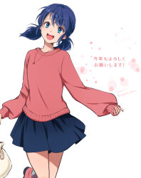 Rule 34 | 1girl, blue eyes, blue hair, blue skirt, jewelry, long sleeves, low twintails, marinette dupain-cheng, miraculous ladybug, necklace, open mouth, red sweater, sagara shino, skirt, solo, sweater, twintails