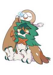 Rule 34 | blush stickers, closed mouth, creatures (company), decidueye, closed eyes, game freak, gen 7 pokemon, highres, looking up, nintendo, no humans, nose bubble, on head, pkpokopoko3, pokemon, pokemon (creature), pokemon on head, red pupils, rowlet, simple background, sitting, sleeping, smile, symbol-only commentary, white background, yellow eyes