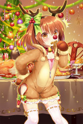 Rule 34 | 1girl, ^^^, animal costume, arm behind back, bad id, bad pixiv id, bell, blush, bottle, bow, brown eyes, brown hair, candy, candy cane, character request, choker, christmas, christmas tree, copyright request, eating, fake antlers, flat chest, food, fork, fruit, fur trim, gingerbread man, gloves, grapes, hair bow, hood, looking at viewer, mvv, neck bell, partially unzipped, pie, pom pom (clothes), reindeer costume, ribbon-trimmed sleeves, ribbon-trimmed thighhighs, ribbon choker, ribbon trim, short hair, solo, sparkle, sweat, table, thighhighs, two side up, white thighhighs, wine bottle, zipper, zipper pull tab