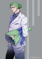Rule 34 | 1boy, adapted costume, alternate hairstyle, bouquet, cioccolata, cowboy shot, earrings, flower, formal, giga omega, green eyes, green hair, highres, jewelry, jojo no kimyou na bouken, necktie, short ponytail, solo, suit, vento aureo