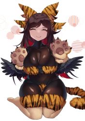 Rule 34 | 1girl, absurdres, alternate costume, animal hands, animal print, bikini, bikini over clothes, bird wings, black bodysuit, black wings, bodysuit, bodysuit under clothes, bow, breasts, brown hair, cleavage, closed eyes, closed mouth, colored inner hair, commentary request, curvy, eyepatch bikini, full body, gloves, hair bow, highres, large breasts, latex, latex bodysuit, long hair, mikomo0106, multicolored hair, paw gloves, print bikini, print bow, red hair, reiuji utsuho, seiza, sitting, smile, solo, swimsuit, tail, tiger print, tiger tail, touhou, white background, wings