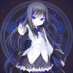 Rule 34 | 10s, 1girl, :|, akemi homura, black hair, blue eyes, blue fire, closed mouth, eye reflection, fire, fire, flat chest, frilled skirt, frills, glaring, glowing, glowing hand, greek text, hair ornament, hairband, highres, long hair, magic circle, magical girl, mahou shoujo madoka magica, mahou shoujo madoka magica (anime), ogipote, outstretched arm, pantyhose, pleated skirt, pyrokinesis, reflection, ribbon, serious, shield, shirt, skirt, solo, soul gem, standing, star (symbol), transparent