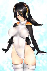 Rule 34 | 10s, 1girl, black hair, black jacket, brown eyes, covered navel, cowboy shot, emperor penguin (kemono friends), frofrofrost, gluteal fold, hair over one eye, headphones, highleg, highleg leotard, highres, jacket, kemono friends, leotard, long hair, looking at viewer, multicolored hair, open clothes, solo, standing, thigh gap, thighhighs, white leotard, white thighhighs