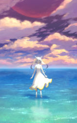 Rule 34 | 1girl, :d, barefoot, cloud, dress, highres, hiko (scape), horizon, looking at viewer, moon, ocean, open mouth, original, partially submerged, red moon, scenery, shallow water, sky, smile, solo, star (sky), twilight, wading, water, white dress, white hair, wind