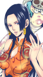 Rule 34 | 1girl, black hair, blue eyes, boa hancock, cleavage cutout, clothing cutout, earrings, highres, jewelry, lipstick, long hair, looking at viewer, makeup, one piece, salome (one piece), sleeveless, snake, snake earrings, superdd, white background
