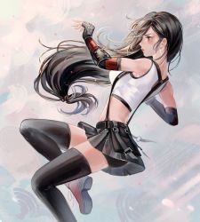 Rule 34 | 1girl, absurdres, bare shoulders, black hair, black skirt, black thighhighs, breasts, crop top, detached sleeves, earrings, final fantasy, final fantasy vii, final fantasy vii remake, fingerless gloves, from side, gloves, highres, jewelry, large breasts, long hair, low-tied long hair, midriff, red eyes, red footwear, skirt, solo, square enix, suspender skirt, suspenders, tank top, thighhighs, tifa lockhart, white tank top, yubuki i