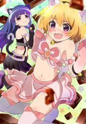 Rule 34 | 2girls, :3, alternate costume, animal ear fluff, animal ears, anime coloring, armpit crease, bandeau, bare shoulders, bell, black bow, black hairband, black skirt, blonde hair, blue hair, blunt bangs, blurry, blurry foreground, blush, bow, breasts, cat ears, cat tail, chocolate, closed mouth, collar, cowboy shot, detached sleeves, embarrassed, fang, fur-trimmed legwear, fur-trimmed skirt, fur trim, furude rika, hairband, highres, higurashi no naku koro ni, houjou satoko, jingle bell, long hair, looking at viewer, looking back, looking down, mashimaro tabetai, midriff, multiple girls, navel, neck bell, open mouth, paw pose, pink skirt, pleated skirt, pom pom (clothes), purple eyes, shiny skin, short hair, skirt, sleeves past wrists, small breasts, star (symbol), strapless, tail, tearing up, thighhighs, white thighhighs
