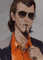Rule 34 | 000cocktail000, 1boy, blue jacket, brown background, cigarette, facial hair, glasses, goatee, jacket, jigen daisuke, looking at viewer, lupin iii, orange shirt, removing neckwear, shirt, simple background