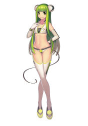 Rule 34 | 1girl, bare shoulders, crossed legs, elbow gloves, fiodo, flat chest, full body, game console, gloves, green eyes, green hair, hair ornament, highres, long hair, looking at viewer, matching hair/eyes, microsoft, midriff, personification, product girl, simple background, smile, solo, standing, thigh gap, thighhighs, watson cross, white background, white thighhighs, xbox, xbox 360