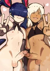 Rule 34 | 2boys, blue hair, bottomless, censored, closed mouth, cowboy shot, dark-skinned male, dark skin, elbow gloves, erection, fingerless gloves, gloves, hair over eyes, has uncensored version, heart, highres, long hair, looking at viewer, male focus, mosaic censoring, multiple boys, multiple penises, navel, nipples, one eye closed, original, penis, penises touching, pointy ears, roropull, smile, testicles, trap, trap on trap, v, yaoi