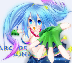 Rule 34 | 1girl, alternate costume, arcade sona, blue eyes, blue hair, blush, bra, breasts, character name, cleavage, collarbone, artistic error, fingerless gloves, fingernails, gloves, gradient hair, hair ornament, jewelry, large breasts, league of legends, long hair, matching hair/eyes, midriff, multicolored hair, navel, necklace, open mouth, purple bra, purple hair, solo, sona (league of legends), star (symbol), underwear, zepros0