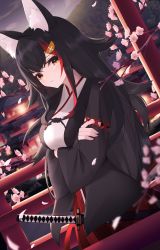 Rule 34 | 1girl, absurdres, animal ear fluff, animal ears, arms under breasts, black hair, branch, brown eyes, closed mouth, commentary request, crossed arms, flower, hakama, haori, highres, hololive, japanese clothes, kimono, long hair, long sleeves, looking at viewer, multicolored hair, ookami mio, petals, pink flower, red hair, red hakama, sheath, sheathed, solo, streaked hair, sword, thomas 8000, very long hair, virtual youtuber, weapon, white kimono, wolf ears