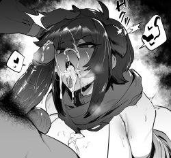 Rule 34 | 1boy, 1girl, after fellatio, blush, breasts, cum, cum in mouth, facial, genderswap, genderswap (mtf), getter robo, greyscale, huge breasts, long hair, monochrome, nagare ryoma, open mouth, penis, pubic hair, scarf, testicles, thirty 8ght, tongue, tongue out