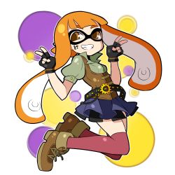 Rule 34 | 1girl, alternate costume, ap@meito, artist name, belt, blouse, brown eyes, double v, fingerless gloves, frilled skirt, frills, gloves, grin, inkling, inkling girl, inkling player character, jumping, layered skirt, long hair, looking at viewer, nintendo, orange hair, pointy ears, puffy sleeves, red thighhighs, shirt, shoes, skirt, smile, solo, splatoon (series), splatoon 1, tentacle hair, thighhighs, underbust, v, vest, zettai ryouiki