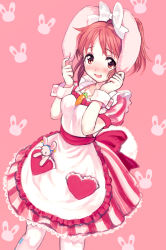Rule 34 | 1girl, :d, abe nana, amezawa koma, animal ears, apron, blush, bow, carrot necklace, cowboy shot, dress, embarrassed, fake animal ears, hair bow, heart, idolmaster, idolmaster cinderella girls, jewelry, looking at viewer, maid, necklace, open mouth, pantyhose, pendant, pink background, pink hair, pocket, puffy short sleeves, puffy sleeves, rabbit ears, red eyes, short sleeves, simple background, smile, solo, standing, star (symbol), striped clothes, striped dress, stuffed animal, stuffed rabbit, stuffed toy, tareme, vertical-striped clothes, vertical-striped dress, white apron, white bow, white pantyhose, wrist cuffs