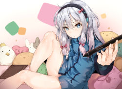 Rule 34 | 10s, 1girl, absurdres, bad id, bad pixiv id, bare legs, barefoot, blue eyes, blush, bow, drawing tablet, eromanga sensei, hair bow, hairband, highres, hplay, izumi sagiri, jacket, long hair, looking at viewer, messy hair, pink bow, silver hair, solo, stuffed animal, stuffed toy, stylus, twitter username, yes-no pillow