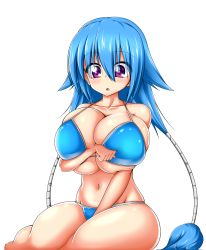 Rule 34 | 1girl, :o, blue hair, blush, breasts, cleavage, deep skin, female focus, highres, hip focus, huge breasts, long hair, moralgear, navel, purple eyes, shiny skin, sitting, skindentation, solo, thick thighs, thighs