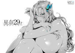 Rule 34 | 10s, 1girl, aqua eyes, boku wa tomodachi ga sukunai, breast press, breasts, bug, butterfly, butterfly hair ornament, fei (maidoll), female focus, greyscale, hair ornament, huge breasts, bug, kashiwazaki sena, knees to chest, hugging own legs, lips, long hair, looking at viewer, monochrome, nail polish, nude, simple background, solo, spot color, text focus, white background