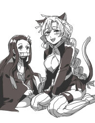 Rule 34 | 2girls, absurdres, animal ears, braid, breasts, cat ears, cat tail, cleavage, commentary request, facial mark, fangs, full body, greyscale, highres, jacket, kamado nezuko, kanroji mitsuri, kimetsu no yaiba, large breasts, long hair, long sleeves, looking at viewer, mogutofuoes, mole, mole under eye, monochrome, multiple girls, open clothes, open jacket, open mouth, open shirt, seiza, sitting, smile, striped clothes, striped legwear, striped thighhighs, tail, thighhighs, twin braids, vertical-striped clothes, vertical-striped thighhighs, whisker markings